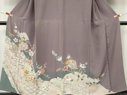 平和屋着物●訪問着　駒刺繍　扇面草花文　暈し染め　金彩　正絹　逸品　CABM9259ut