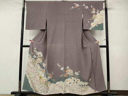 平和屋着物●訪問着　駒刺繍　扇面草花文　暈し染め　金彩　正絹　逸品　CABM9259ut