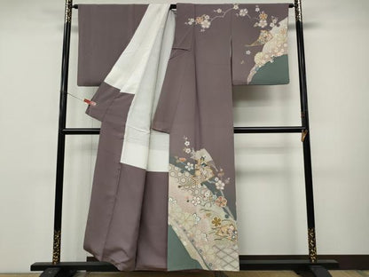 平和屋着物●訪問着　駒刺繍　扇面草花文　暈し染め　金彩　正絹　逸品　CABM9259ut