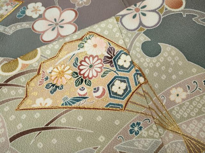平和屋着物●訪問着　駒刺繍　扇面草花文　暈し染め　金彩　正絹　逸品　CABM9259ut