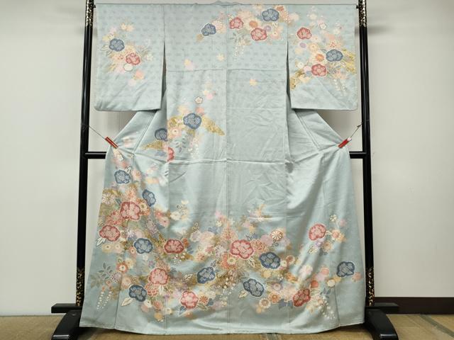 平和屋着物●訪問着　駒刺繍　絞り　草花文　金彩　正絹　逸品　CABM9269ut