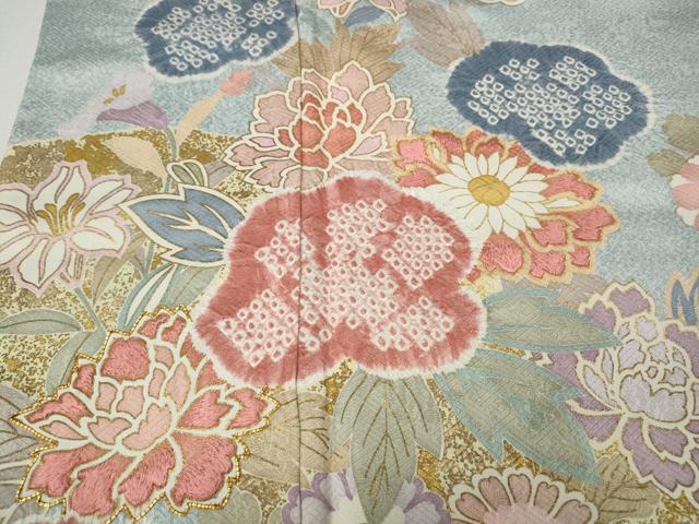 平和屋着物●訪問着　駒刺繍　絞り　草花文　金彩　正絹　逸品　CABM9269ut