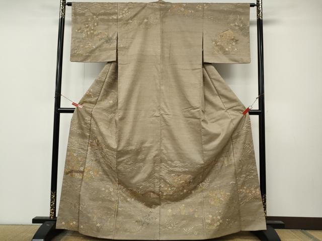 平和屋着物●中国三大刺繍　スワトウ刺繍　汕頭刺繍　総刺繍　訪問着　紬地　風景草花文　銀座おおぎ屋扱い　正絹　逸品　CABM9273ut