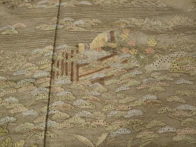 平和屋着物●中国三大刺繍　スワトウ刺繍　汕頭刺繍　総刺繍　訪問着　紬地　風景草花文　銀座おおぎ屋扱い　正絹　逸品　CABM9273ut