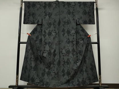 平和屋着物●結城紬　80亀甲　菱枝花文　正絹　逸品　CABM9283ut