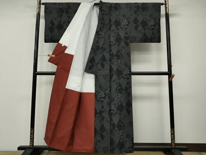 平和屋着物●結城紬　80亀甲　菱枝花文　正絹　逸品　CABM9283ut