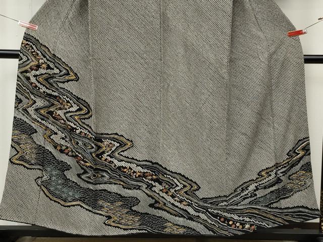 平和屋着物●訪問着　総絞り　流水草花文　黒地　金彩　正絹　逸品　CABM9284ut