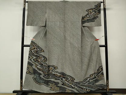 平和屋着物●訪問着　総絞り　流水草花文　黒地　金彩　正絹　逸品　CABM9284ut