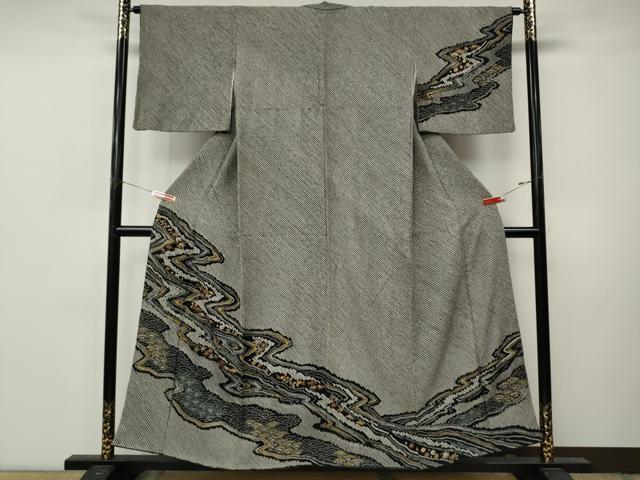 平和屋着物●訪問着　総絞り　流水草花文　黒地　金彩　正絹　逸品　CABM9284ut
