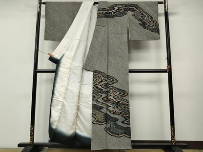 平和屋着物●訪問着　総絞り　流水草花文　黒地　金彩　正絹　逸品　CABM9284ut