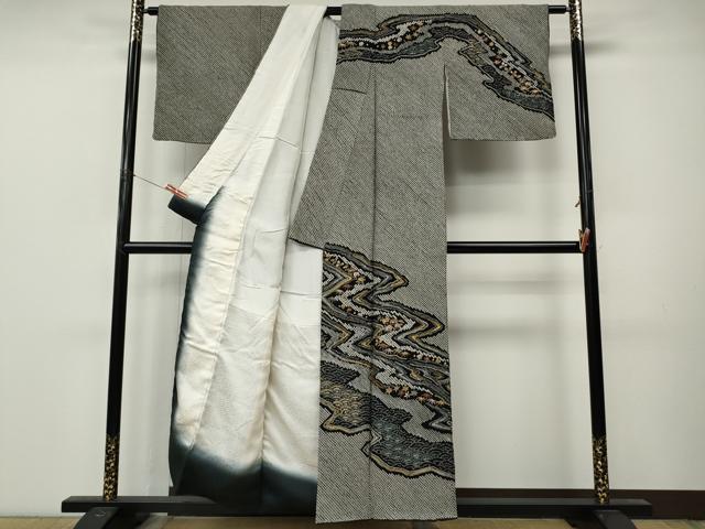 平和屋着物●訪問着　総絞り　流水草花文　黒地　金彩　正絹　逸品　CABM9284ut