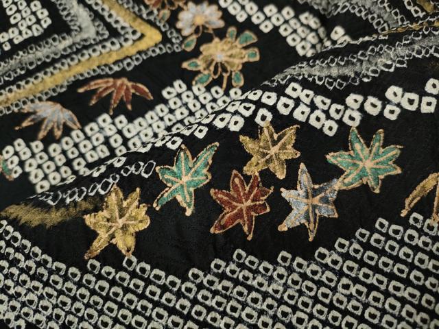 平和屋着物●訪問着　総絞り　流水草花文　黒地　金彩　正絹　逸品　CABM9284ut