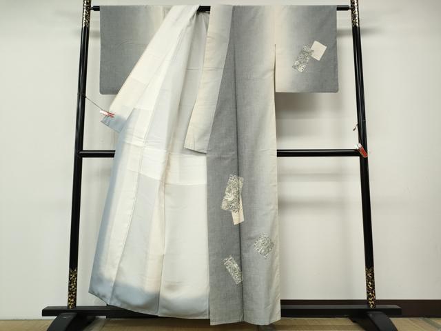 平和屋着物●訪問着　紬地　刺し子　短冊重ね花文　正絹　逸品　CABM9304ut