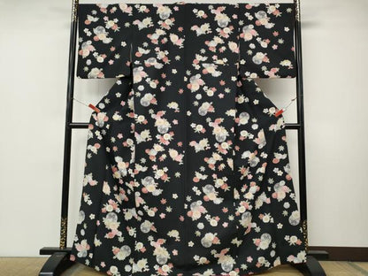 平和屋着物●小紋　花鞠文　黒地　洗える着物　CABM9310ut