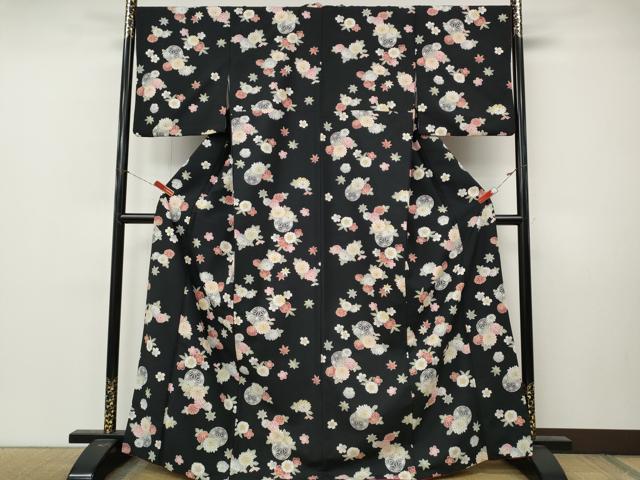 平和屋着物●小紋　花鞠文　黒地　洗える着物　CABM9310ut