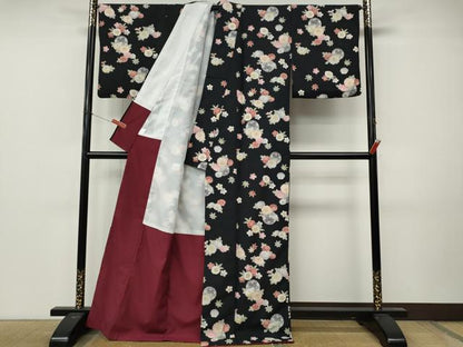 平和屋着物●小紋　花鞠文　黒地　洗える着物　CABM9310ut