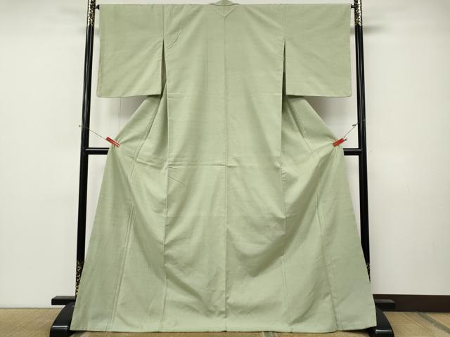 平和屋着物●結城紬　色無地　山葵色　ロング丈　正絹　逸品　CABM9317ut