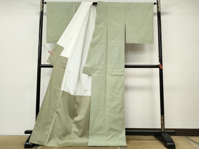 平和屋着物●結城紬　色無地　山葵色　ロング丈　正絹　逸品　CABM9317ut