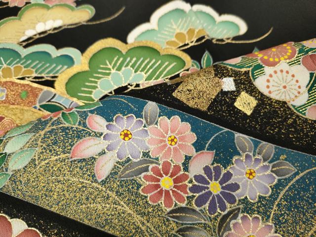 平和屋着物●京友禅の第一人者　松井青々　黒留袖　駒刺繍　絵皿草花文　金銀彩　正絹　逸品　CABM9342ut