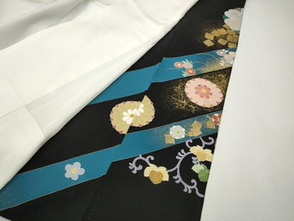 平和屋着物●京友禅の第一人者　松井青々　黒留袖　駒刺繍　絵皿草花文　金銀彩　正絹　逸品　CABM9342ut