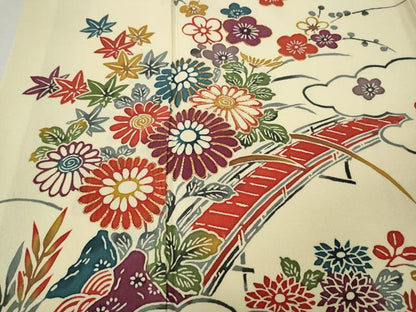 平和屋着物●訪問着　駒刺繍　型染め　風景渡橋花文　正絹　逸品　CABM9360ut
