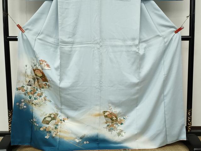平和屋着物●訪問着　扇面花文　暈し染め　金銀彩　ロング丈　正絹　逸品　CABM9428ut