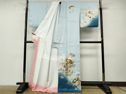 平和屋着物●訪問着　扇面花文　暈し染め　金銀彩　ロング丈　正絹　逸品　CABM9428ut