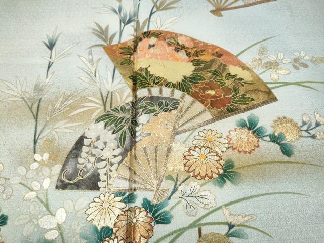 平和屋着物●訪問着　扇面花文　暈し染め　金銀彩　ロング丈　正絹　逸品　CABM9428ut