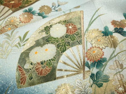 平和屋着物●訪問着　扇面花文　暈し染め　金銀彩　ロング丈　正絹　逸品　CABM9428ut
