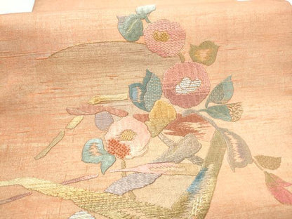 平和屋着物●中国三大刺繍　相良刺繍　太鼓柄袋帯　紬地　枝花文　金彩　正絹　逸品　CABM9617hy
