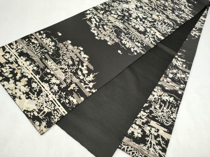 平和屋着物●アンティーク　全通柄　京袋帯　手刺繍　草花風景文　黒地　正絹　逸品　CABM9768hy