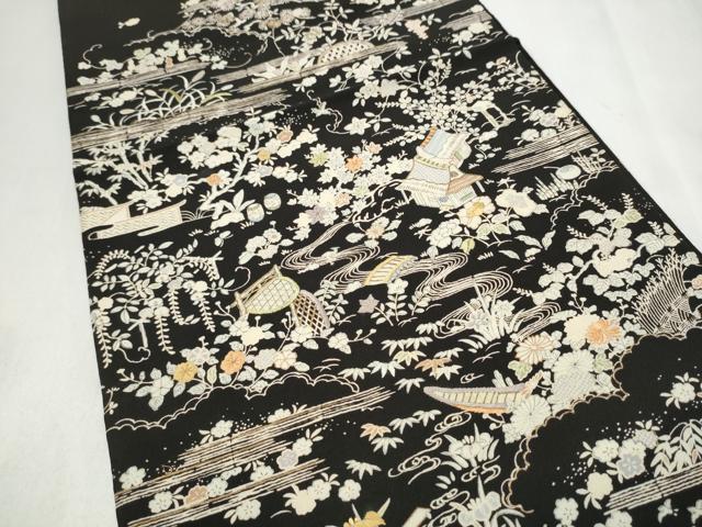 平和屋着物●アンティーク　全通柄　京袋帯　手刺繍　草花風景文　黒地　正絹　逸品　CABM9768hy