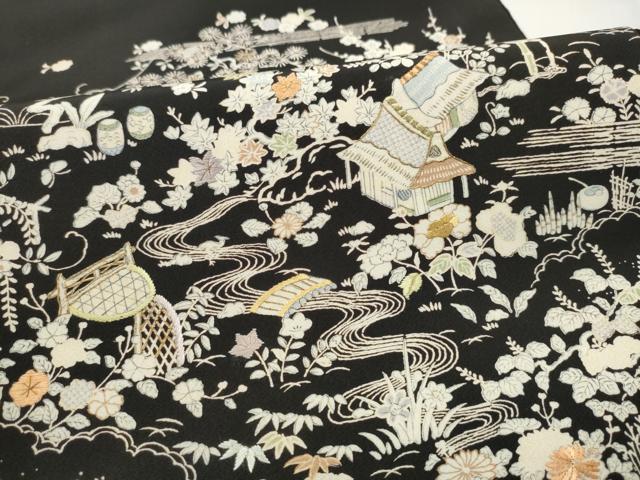 平和屋着物●アンティーク　全通柄　京袋帯　手刺繍　草花風景文　黒地　正絹　逸品　CABM9768hy