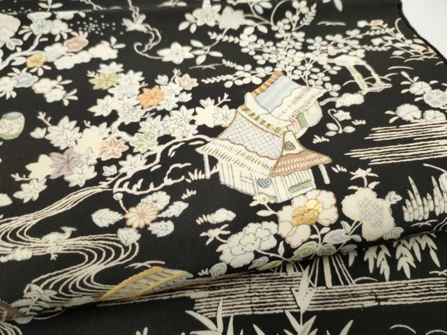 平和屋着物●アンティーク　全通柄　京袋帯　手刺繍　草花風景文　黒地　正絹　逸品　CABM9768hy