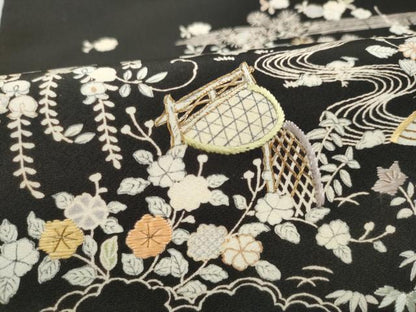 平和屋着物●アンティーク　全通柄　京袋帯　手刺繍　草花風景文　黒地　正絹　逸品　CABM9768hy
