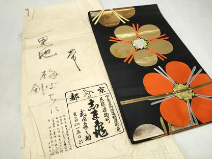 平和屋着物●銀座　志ま亀　六通柄袋帯　梅鉢に剣　黒地　金銀糸　たとう紙付き　正絹　逸品　未使用　CABM9769hy