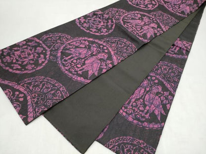 平和屋着物●六通柄袋帯　ふくれ織　絵皿花鳥文　黒地　正絹　逸品　CABM9774hy