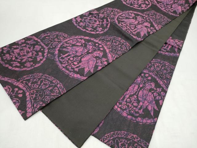 平和屋着物●六通柄袋帯　ふくれ織　絵皿花鳥文　黒地　正絹　逸品　CABM9774hy