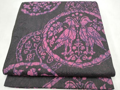平和屋着物●六通柄袋帯　ふくれ織　絵皿花鳥文　黒地　正絹　逸品　CABM9774hy