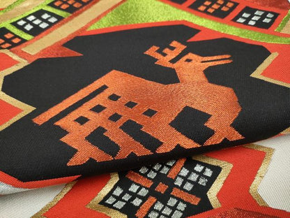 平和屋着物●六通柄　本袋帯　有栖川鹿　黒地　金糸　正絹　逸品　CABM9782hy