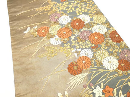 平和屋着物●西陣の名門　加納幸謹製　六通柄袋帯　唐織　草花文　金糸　反端付き　正絹　逸品　CABM9832hy