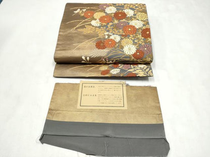 平和屋着物●西陣の名門　加納幸謹製　六通柄袋帯　唐織　草花文　金糸　反端付き　正絹　逸品　CABM9832hy