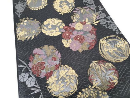 平和屋着物●こむさでもーど・COMME CA DU MODE　六通柄袋帯　草花丸文　黒地　正絹　逸品　CABM9839hy