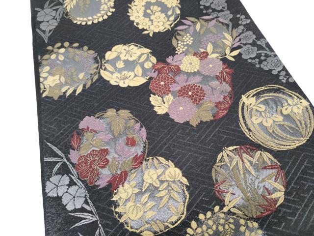 平和屋着物●こむさでもーど・COMME CA DU MODE　六通柄袋帯　草花丸文　黒地　正絹　逸品　CABM9839hy