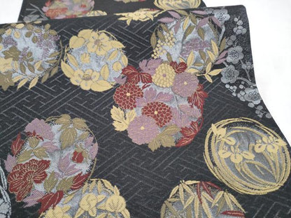 平和屋着物●こむさでもーど・COMME CA DU MODE　六通柄袋帯　草花丸文　黒地　正絹　逸品　CABM9839hy