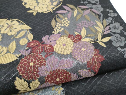 平和屋着物●こむさでもーど・COMME CA DU MODE　六通柄袋帯　草花丸文　黒地　正絹　逸品　CABM9839hy