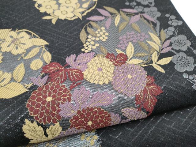 平和屋着物●こむさでもーど・COMME CA DU MODE　六通柄袋帯　草花丸文　黒地　正絹　逸品　CABM9839hy