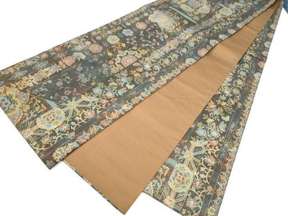 平和屋着物●伝統工芸品　伊那紬　手織り　全通柄袋帯　更紗花唐草文　金彩　正絹　逸品　CABM9841hy