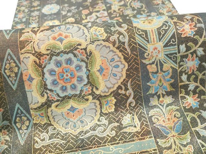 平和屋着物●伝統工芸品　伊那紬　手織り　全通柄袋帯　更紗花唐草文　金彩　正絹　逸品　CABM9841hy