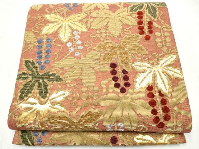 平和屋着物●ファッションデザイナー 花井幸子　六通柄袋帯　金華山織　モール織　葡萄蔦の葉文　金銀糸　正絹　逸品　CABM9862hy
